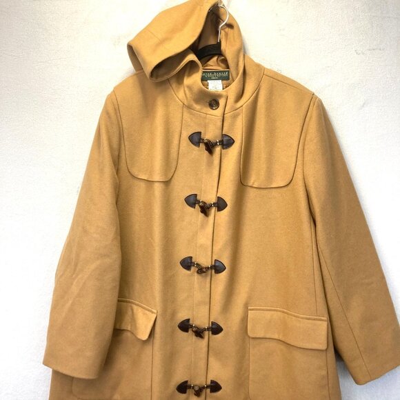 Vintage Harve Benard Wool Toggle Jacket Womens 26W Mid Length Tan Hood Pea Coat - Picture 3 of 16